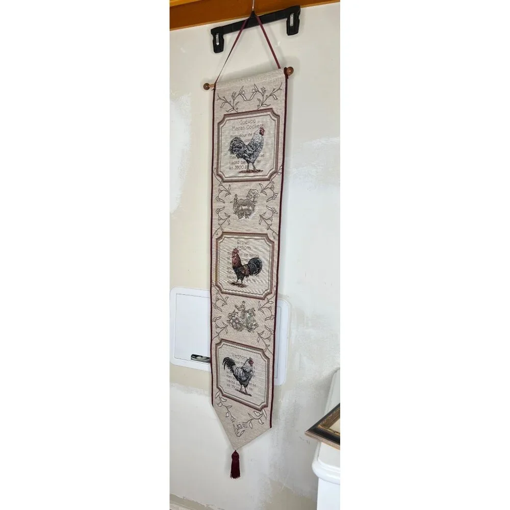 Rooster-Themed Decorative Tapestry Wall Hanging W/Burgundy Tassel Floral Borders
